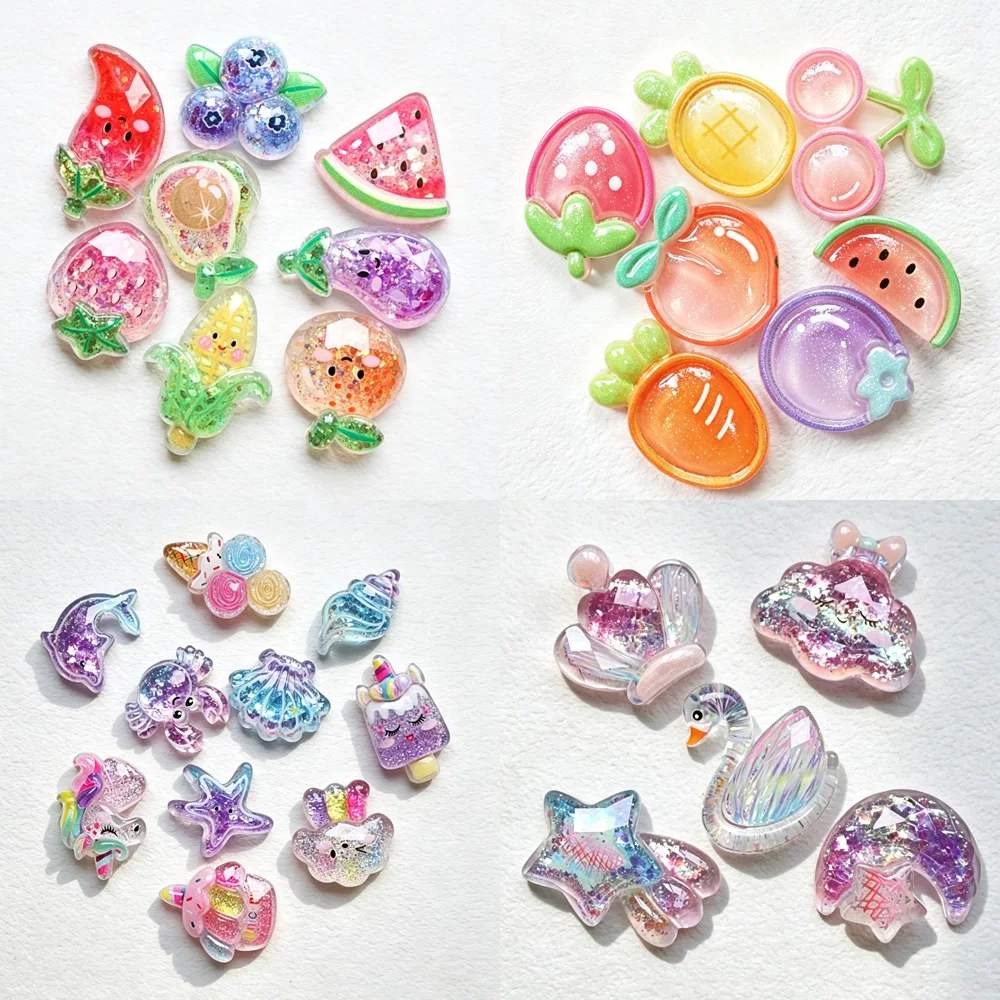 10Pcs New Cute Resin Mini Fruit Crown Star Moon Series Flat Back Manicure Parts Embellishments For Hair Bows Accessories