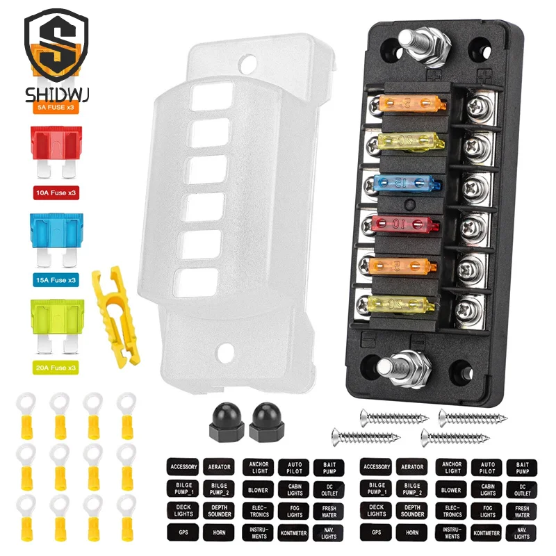 1Pcs 6-Way Car Fuse Holder w/Negative Busbar 12V Blade Type Fuse Holder ATC/ATO Standard Fuse Box Label Sticker Waterproof Cover