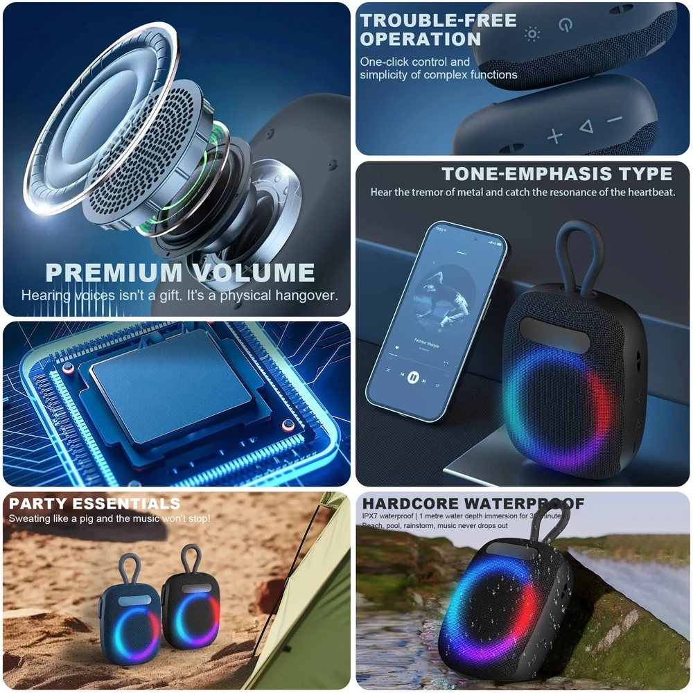 Alto-falante portátil de inserção de cartão sem fio, alto-falante bluetooth à prova d'água ipx7 com graves para piscina, praia, festa, viagem, acampamento