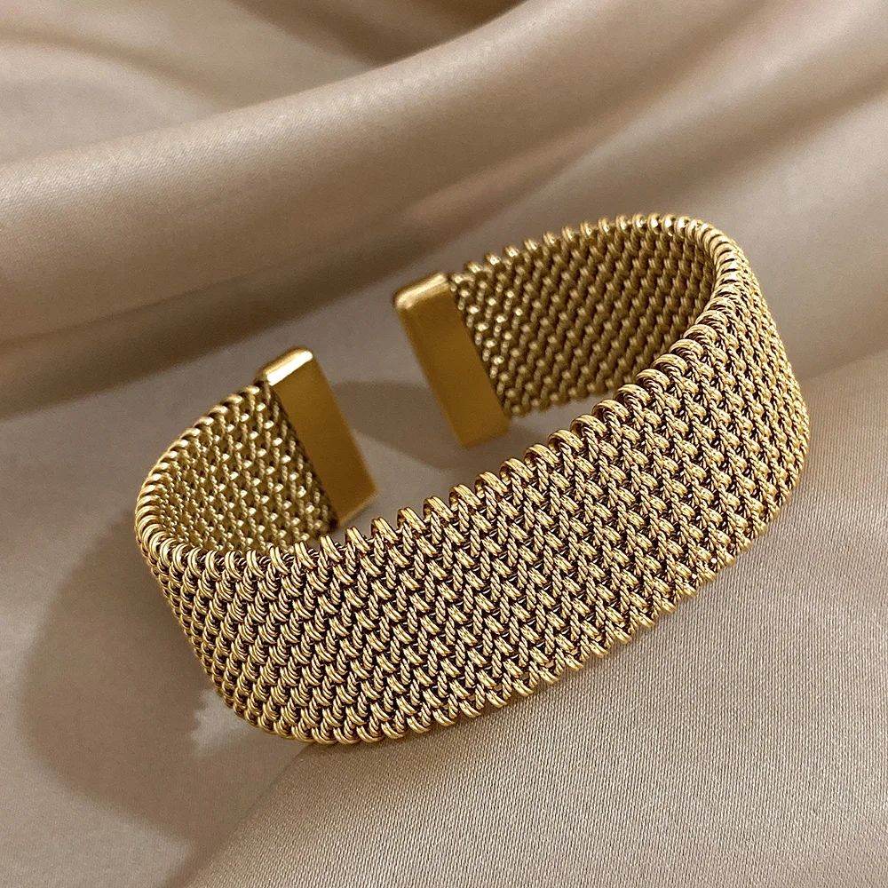 Vintage Weave Golden Cuff Bracelets for Women Elegant Trendy Stainless Steel Chunky Bracelet Bangle Waterproof Jewelry Gifts
