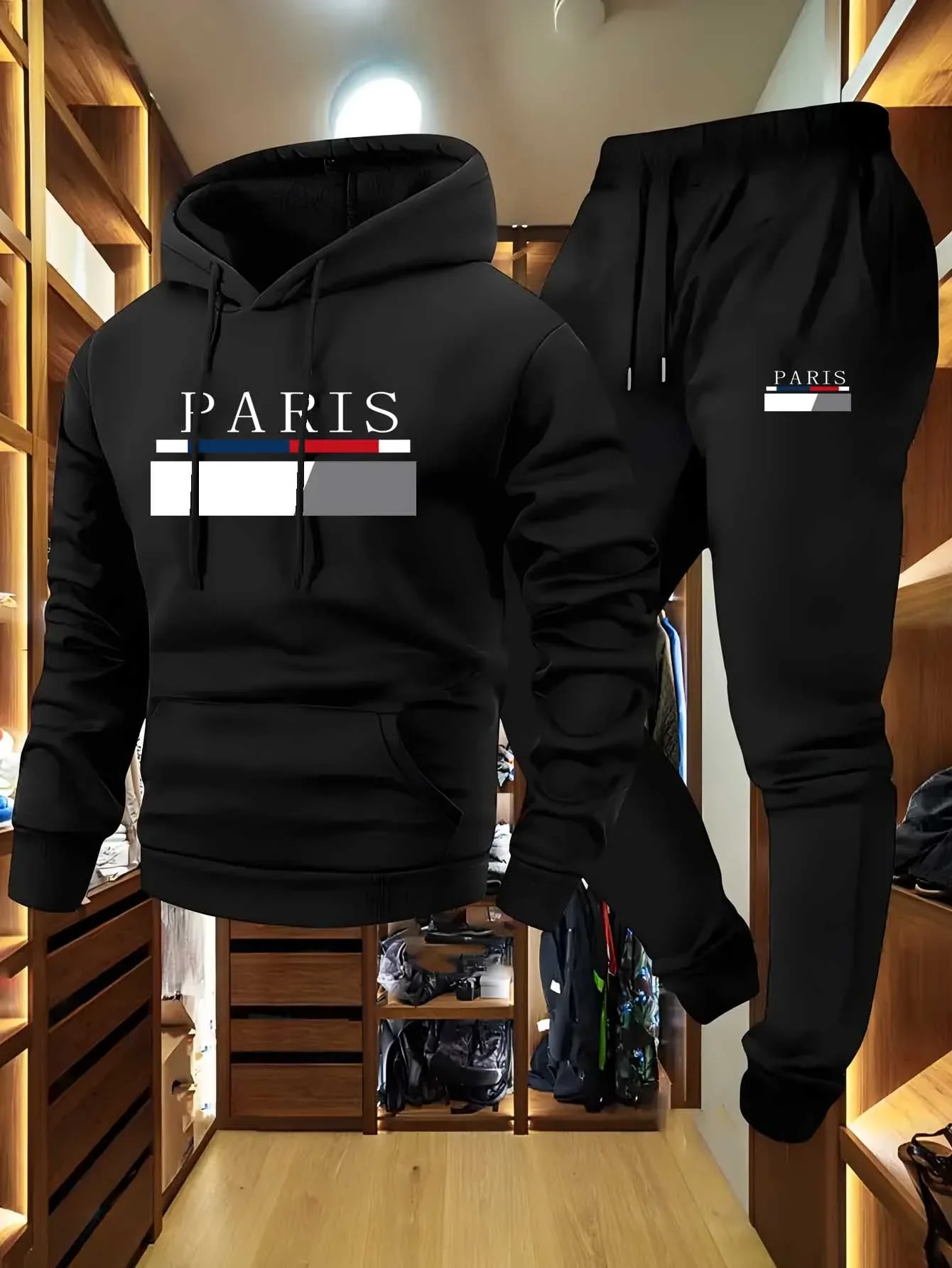 A 2-piece Men's "Paris" Letter-printed Comfortable Pullover Hoodie and Sweatpants Set Is Suitable for Spring and Autumn