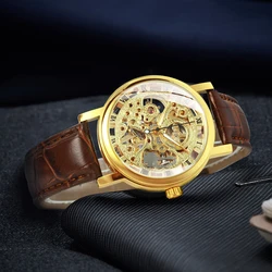 WINNER Gold Skeleton Hand Winding Watches for Men Luminous Hands Leather Strap Classic Retro Mens Watch Top Brand Luxury Clock