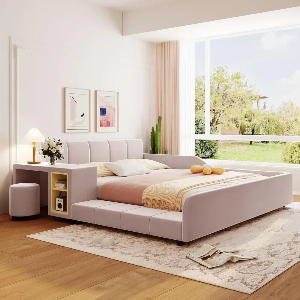 Cama de plataforma estofada com aterramento, estrutura de cama de madeira queen size para mãe e filho com mesa de cabeceira e pequeno banco redondo