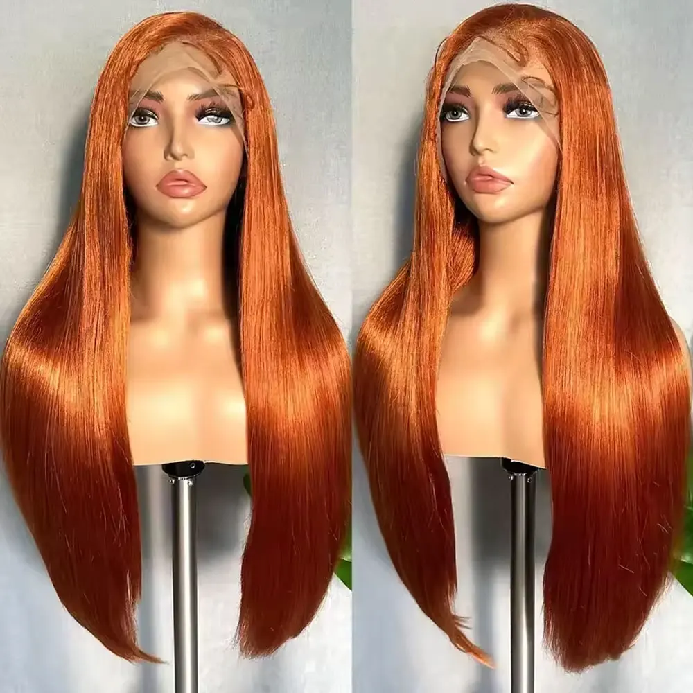 250% Плотность 350 #   Рыжий оранжевый 13X4 HD кружевной передний прямой парик из натуральных волос HD прозрачный кружевной предварительно выщипанный с детскими волосами