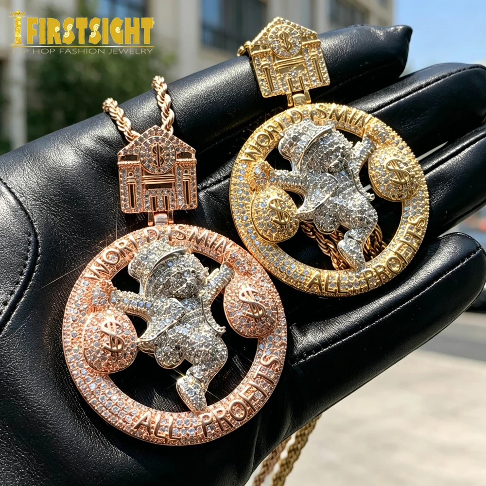 New Hip Hop Letter All Profit World Is Mine Pendant Necklace Iced Out Bling 5A CZ Zircon Dollar Bag Charm Men's  Rock Jewelry