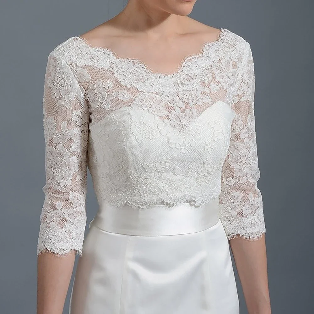 

2025 New Bolero Long Sleeve Bridal Jacket Large Size With Lace Jacket 3/4 Sleeve Wedding Jacket Coat