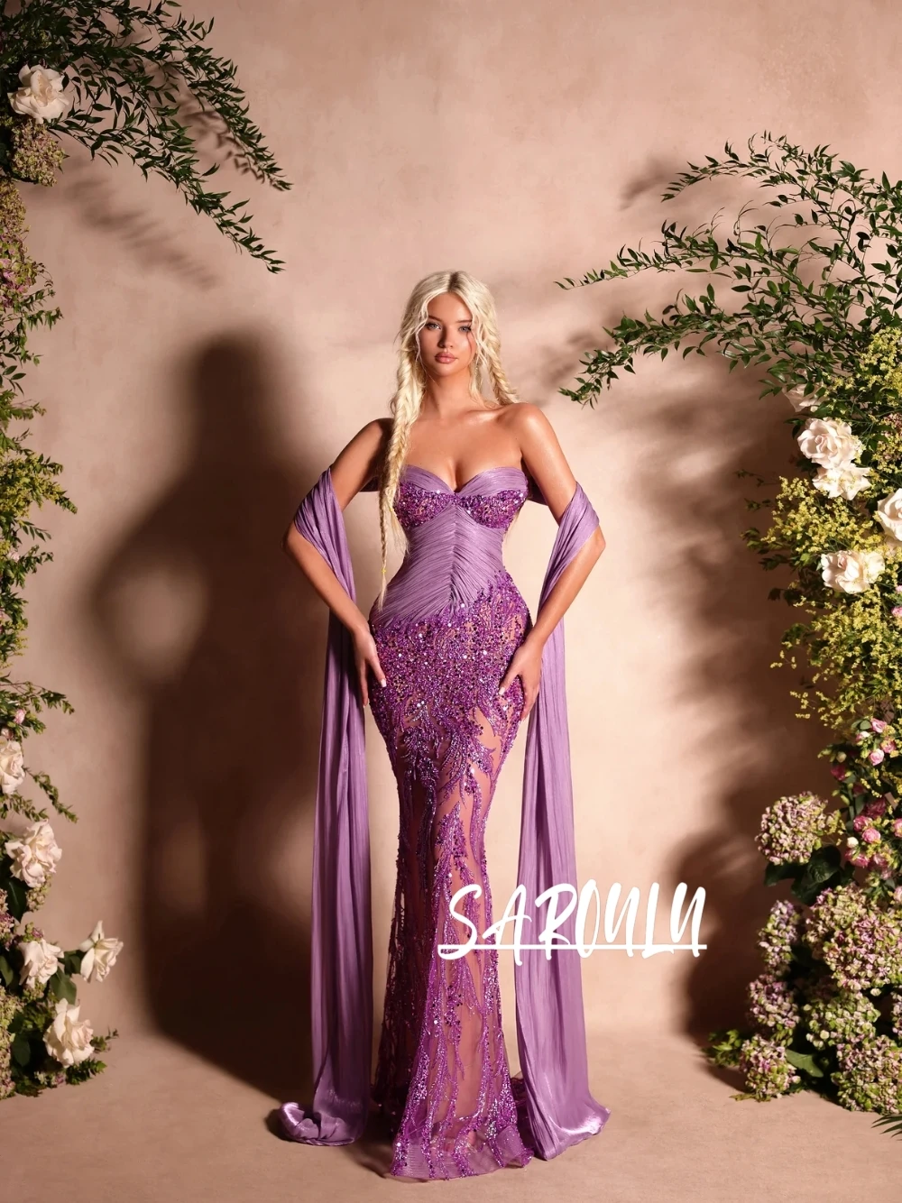 Graceful Ruched Bodice Evening Dress Purple Beaded Sequined Sweetheart Neck Mermaid Customized Prom Cocktail Gown With Cape
