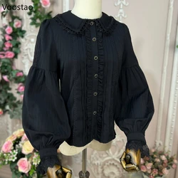 Vintage Gothic Shirts Women Elegant Lolita Style Lace Peter Pan Collar Long Sleeve Blouse Female Victorian Y2k Tops Blusas Mujer