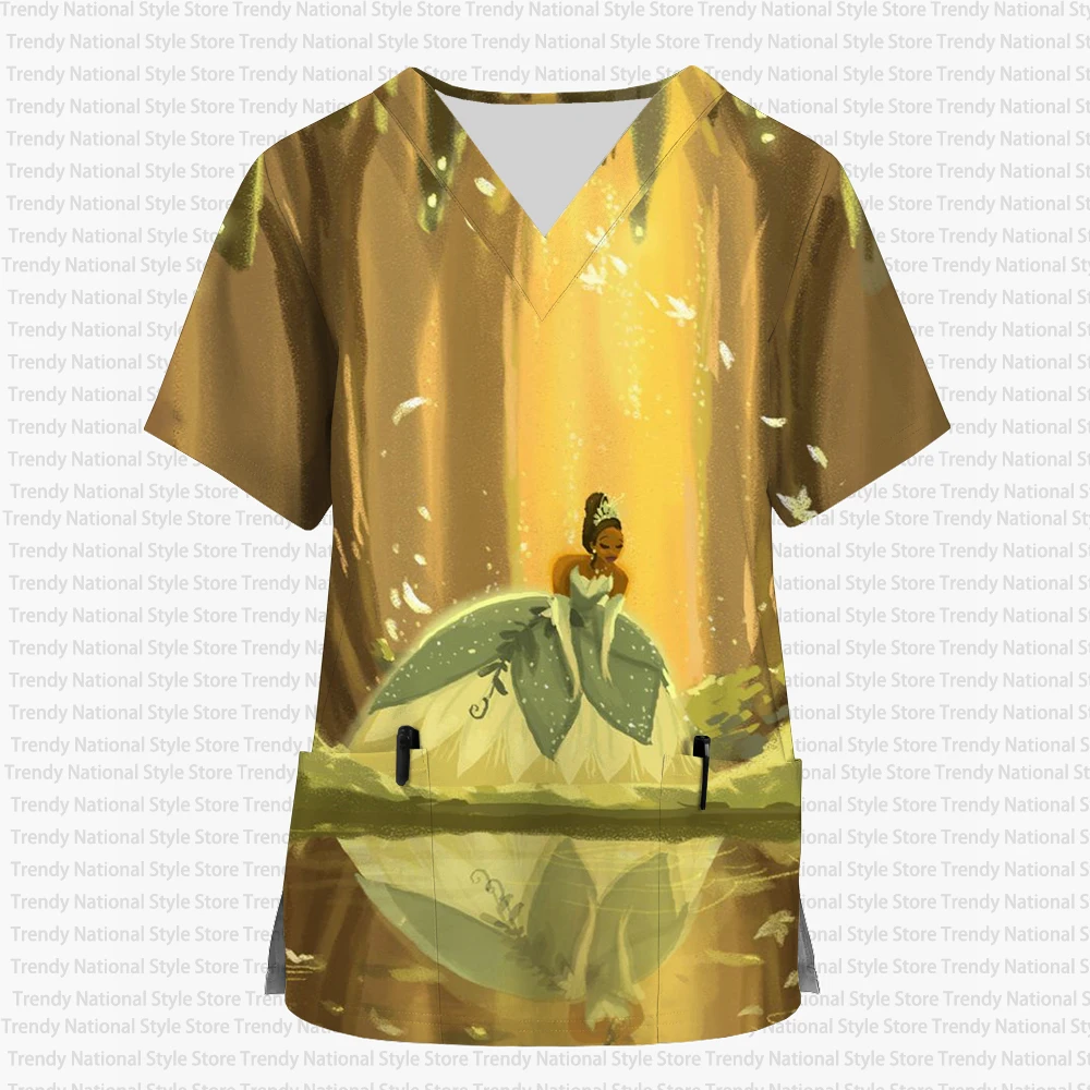 2026 Disney Princess Tiana Infermieristica Stampa smerigliata Negozio di animali Salone di toelettatura T-shirt da lavoro Nuova estate Uniforme da infermiera delle donne