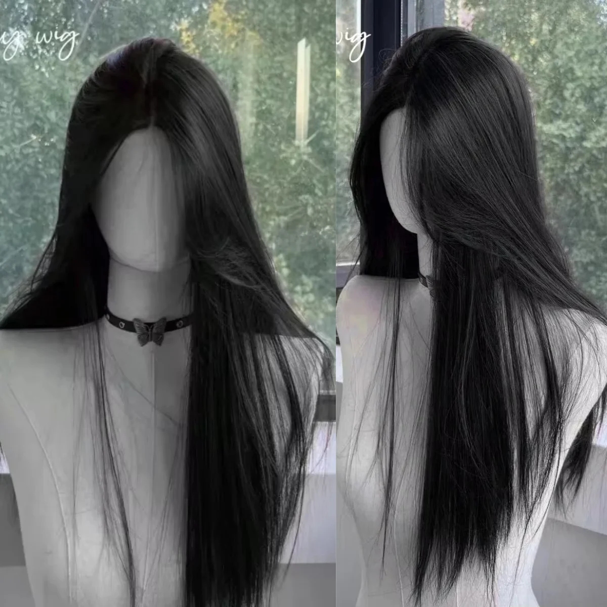 Czarna peruka dla kobiet z długimi prostymi włosami i koronkową opaską na głowę Cosplay Temperament do codziennego użytku Lolita Czarne peruki syntetyczne