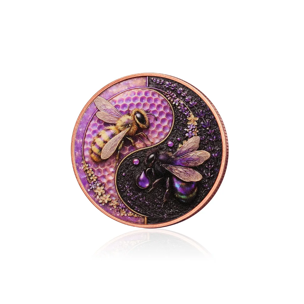 Yin-Yang Bee Copper Coin Purple Lavender Honey Challenge Coin 2D Double-Sided Print Gift for Women, Men & Friends