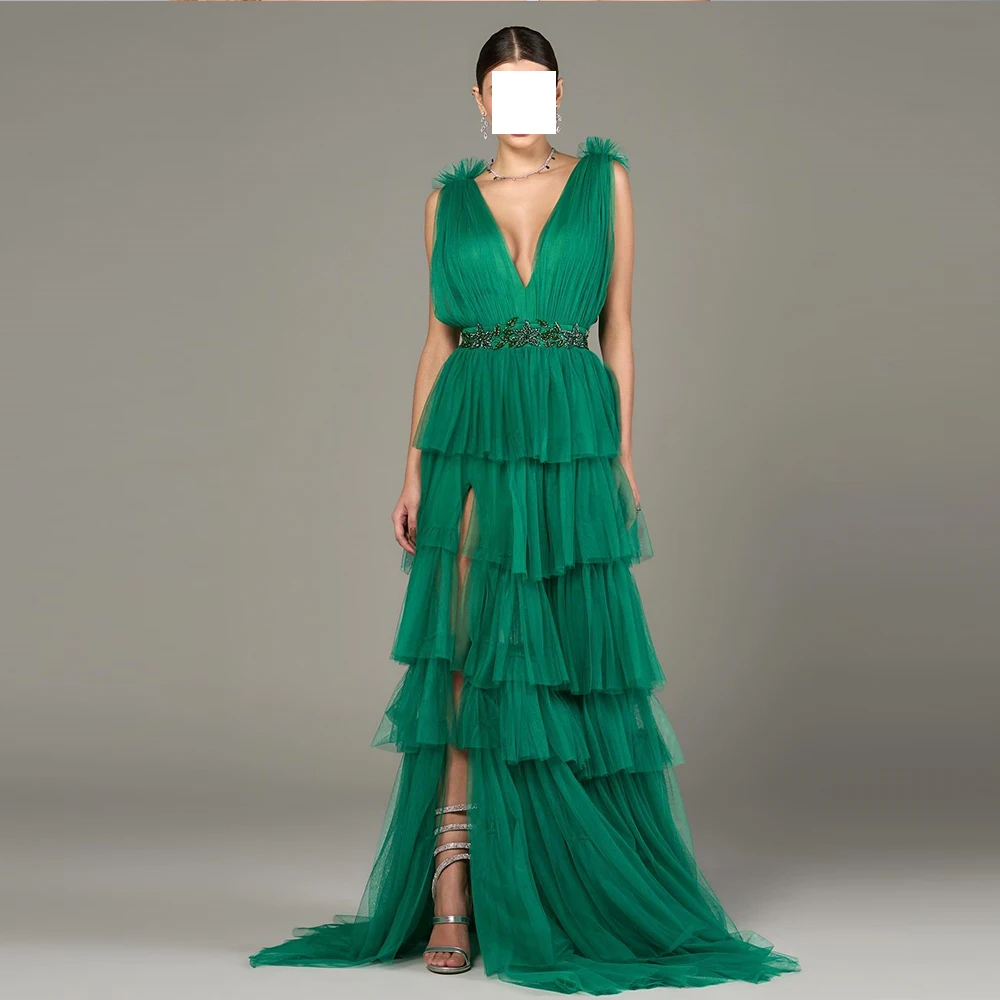 

CustomizedV Neck Cap Sleeve Sleeveless Tiered Tulle Backless A-Line Floor Length Beading Zipper Back Elegant Evening Dresses Cus