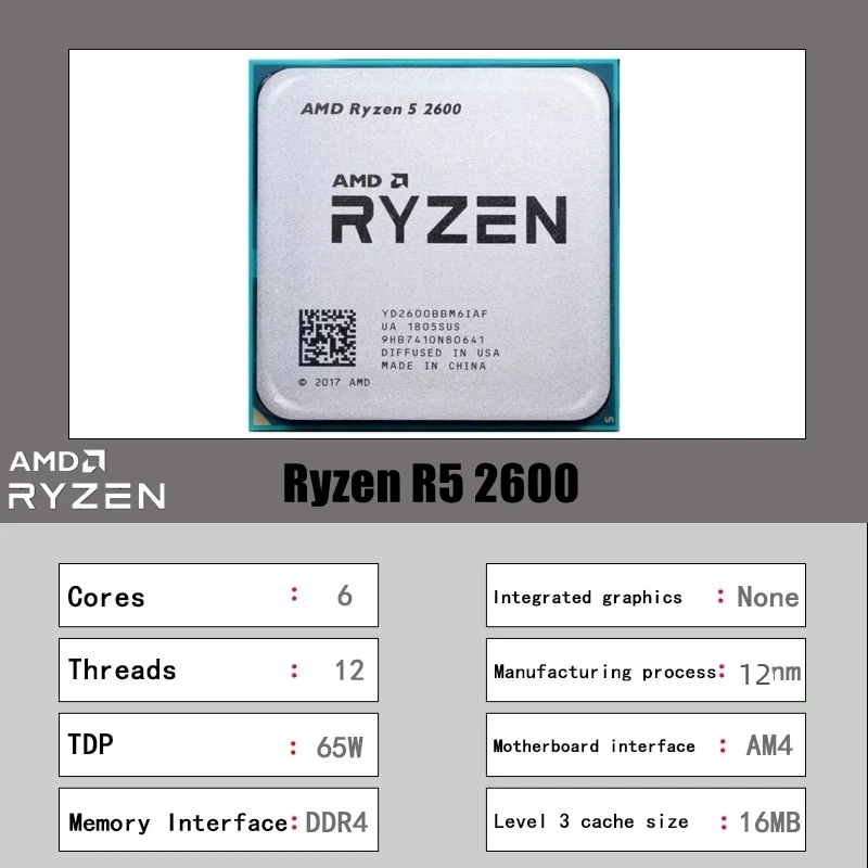 AMD Ryzen 5 2600 Desktop CPU 6 Core 12 Thread 3.4GHz 65W Socket AM4 No Integrated Graphics Cooler Not Included for Gaming PC