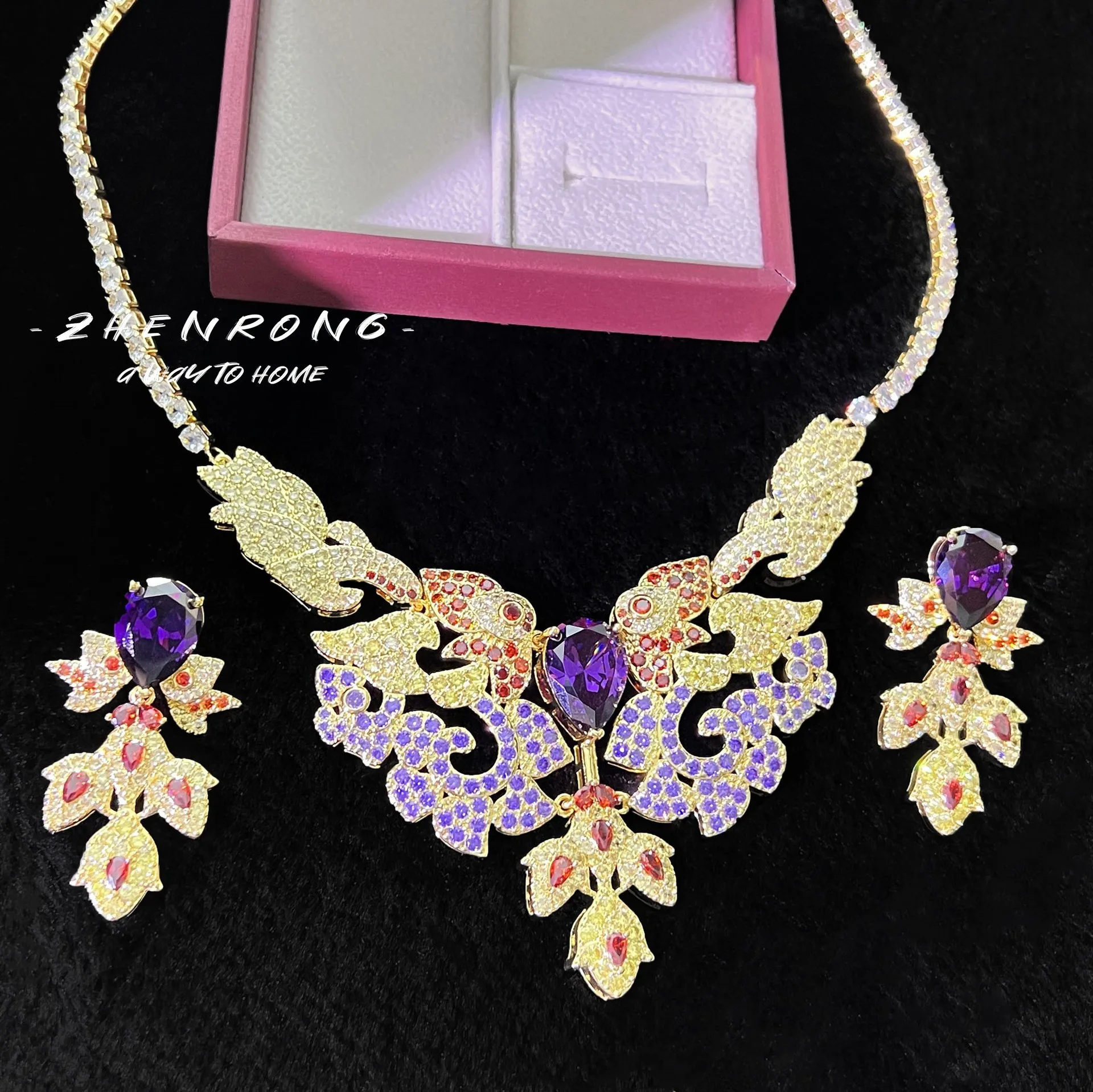 Foydjew New Fashion Gold Color Hollow Pattern Purple Crystal Pendant Necklaces Drop Earrings Bridal Ball Jewelry Sets For Women