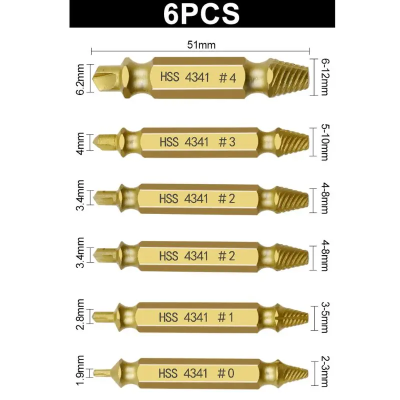 6Pcs Screw Extractor Drill Bit Set Bolt Remover Stripped Screws Easily Take Out Broken Twist Broken Bolt Screw Demolition Tools