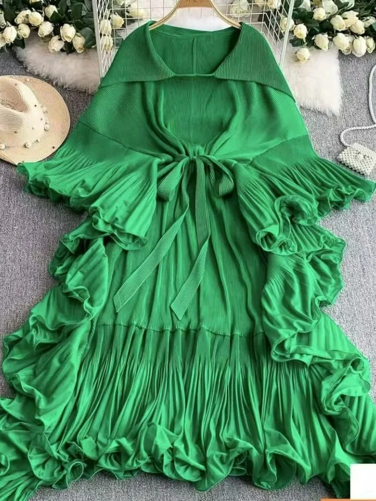 

Miyake Folds 2025 New Temperament Dresses Fashion Lapel Lotus Leaf Long Sleeve Loose Long Dress Women's Clothing