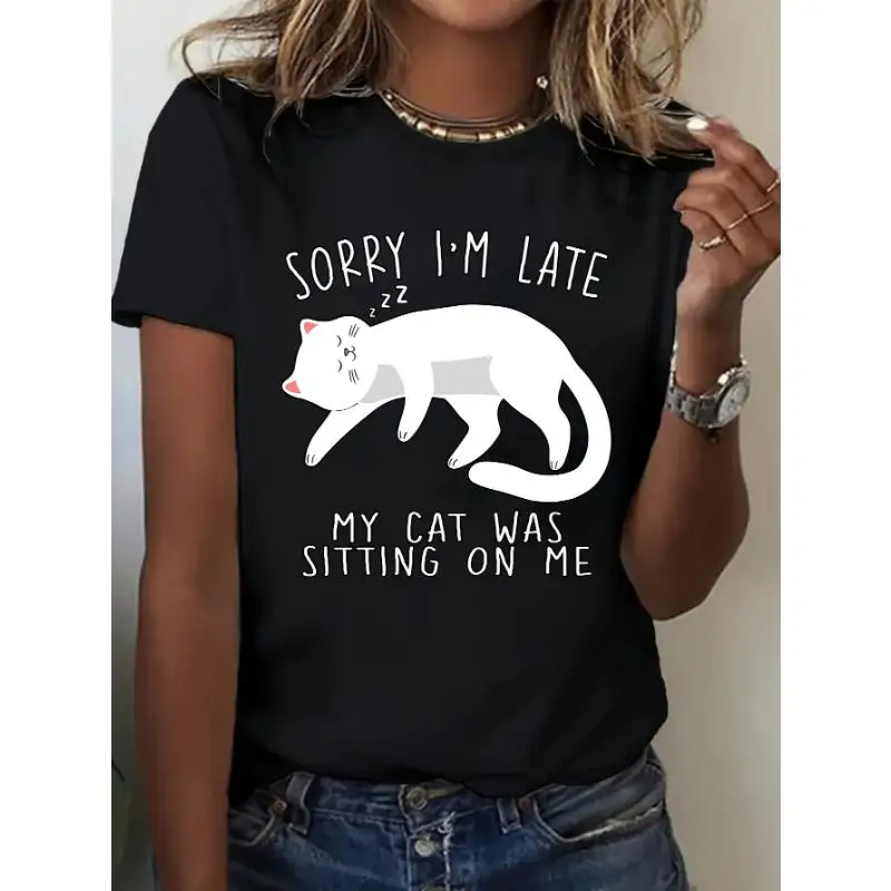 

Funny Cat T-Shirt for Women, Sorry I'm Late My Cat Was Sitting On Me, Cute Pet Lover Gifts, Humorous Graphic Tee