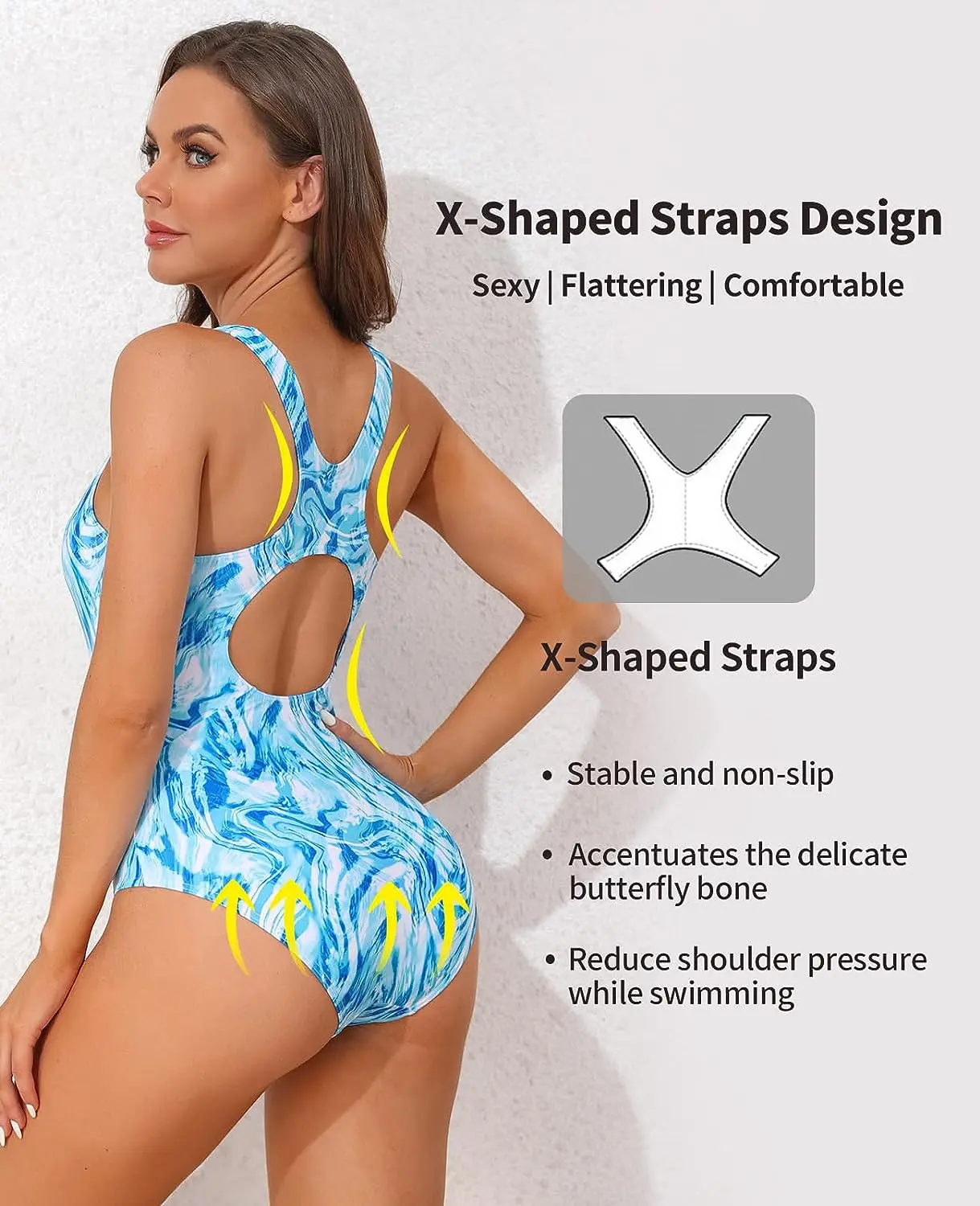 Attraco bañador deportivo de una pieza para mujer, traje de baño con tirantes en forma de X, cuello en U, sujetador incorporado, traje de baño para