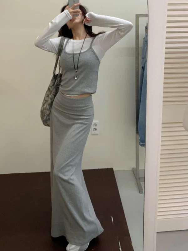 

Slim Fit Short Strap Vest High Waist Skirt Two Piece Set Floor Length Draped Long Dress Women's Fashion Ensemble