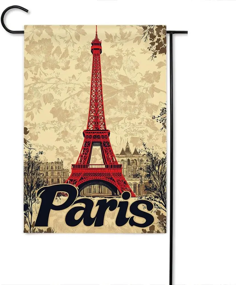 Gkyygk Paris Eiffel Tower Welcome Garden Flag Vintage Floral 12x18 Inch Double Sided Small Burlap Banners Yard House Seasona zzo