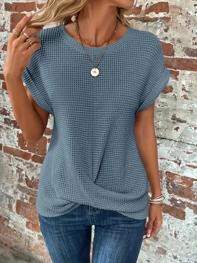 2024 New cross-border solid color round-collar T-shirt elegant short-sleeved tw… - Image 3