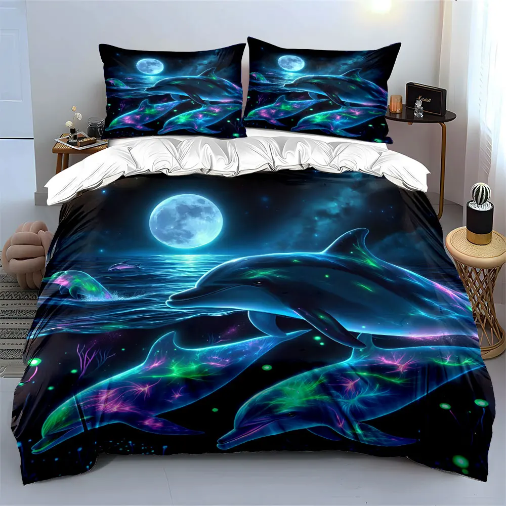 Neon Dolphins Under Moonlight Bedding Set for Kids Luxury Gift 3pcs Digital Print Comforter Set Soft Comfortable Breathable