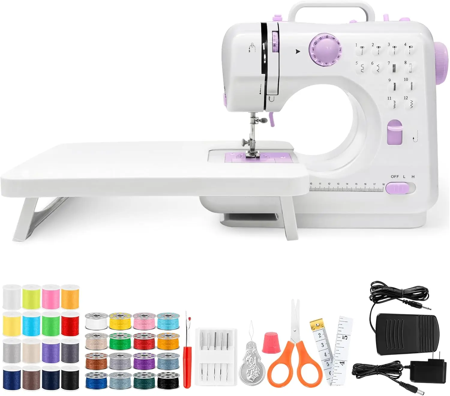 

Portable Electric Sewing Machine with Extension Table, 12 Stitches & LED Light, Ideal for Clothing and Home Projects
