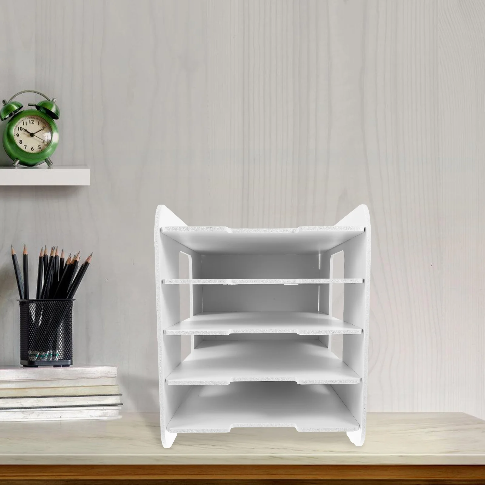 File Storage Shelf Desktop Document Organizer Large Capacity Wood-Plastic Composite Material Stackable Design for Office Study