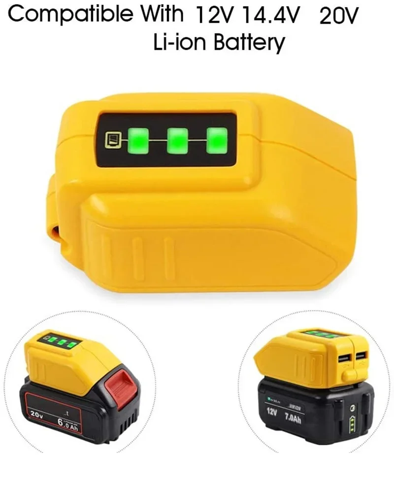 DCB090 Converter Charger 2.1A 2 USB Charging Ports Output Adapter For DEWALT DCB200 DCB204 14.4V 18V 20V Li-ion Battery Device