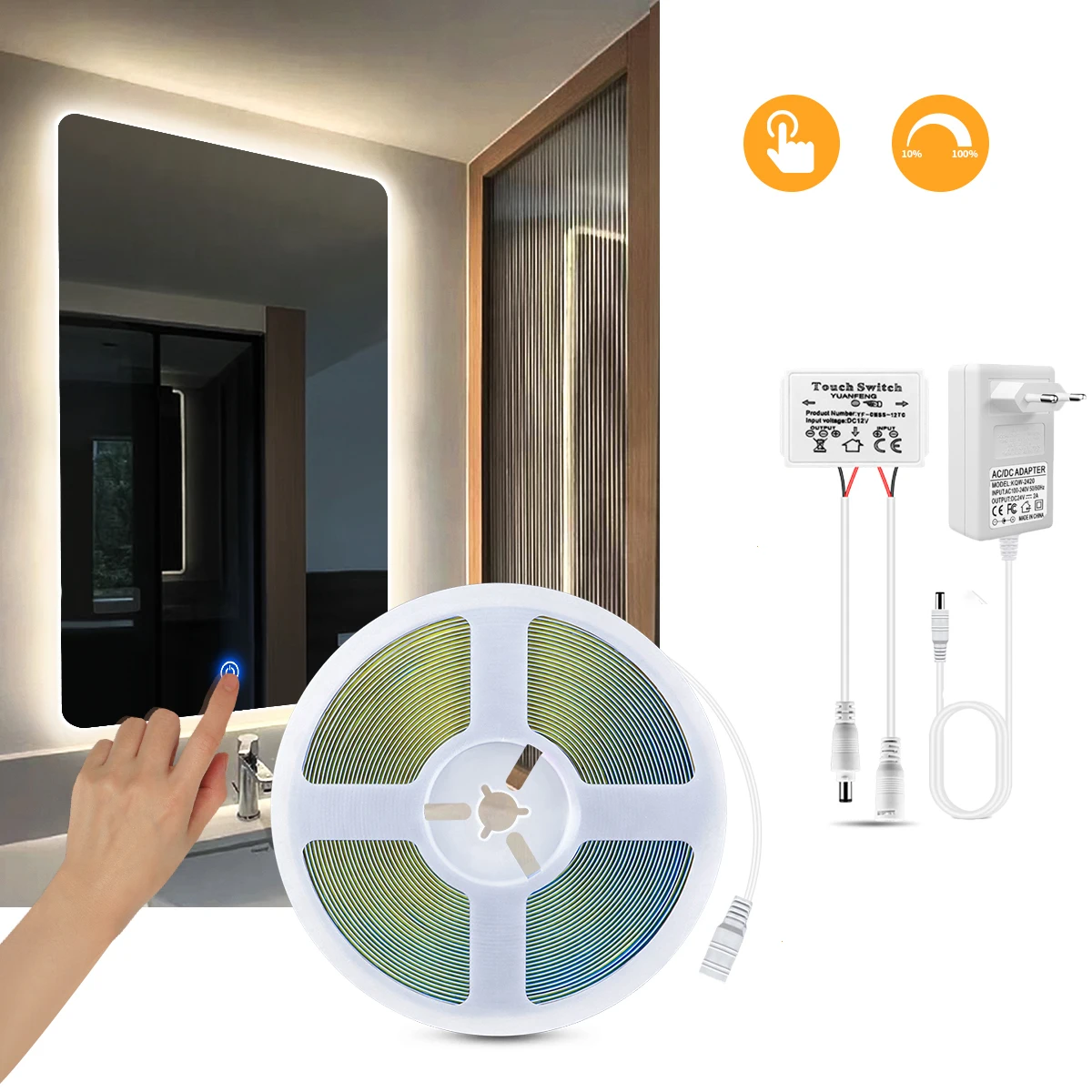 

12V Dimmable Touch Switch LED Light Strip for Bathroom Makeup Mirror COB LED Tape Vanity Mirror Lighting Dressing Table Backligh