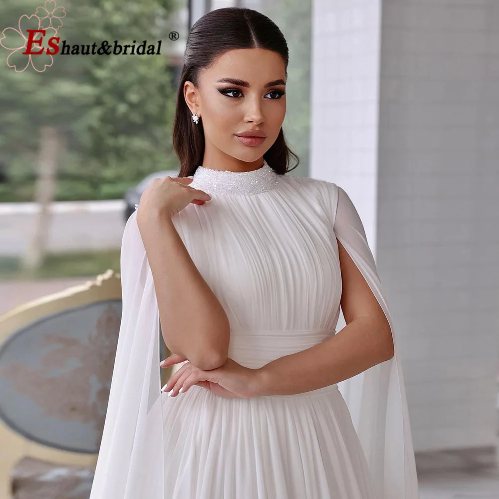 Elegant Muslim Evening Dress for Women 2024 High Neck Chiffon Crystal Cape Sleeves Formal Prom Wedding Party Gown Customized