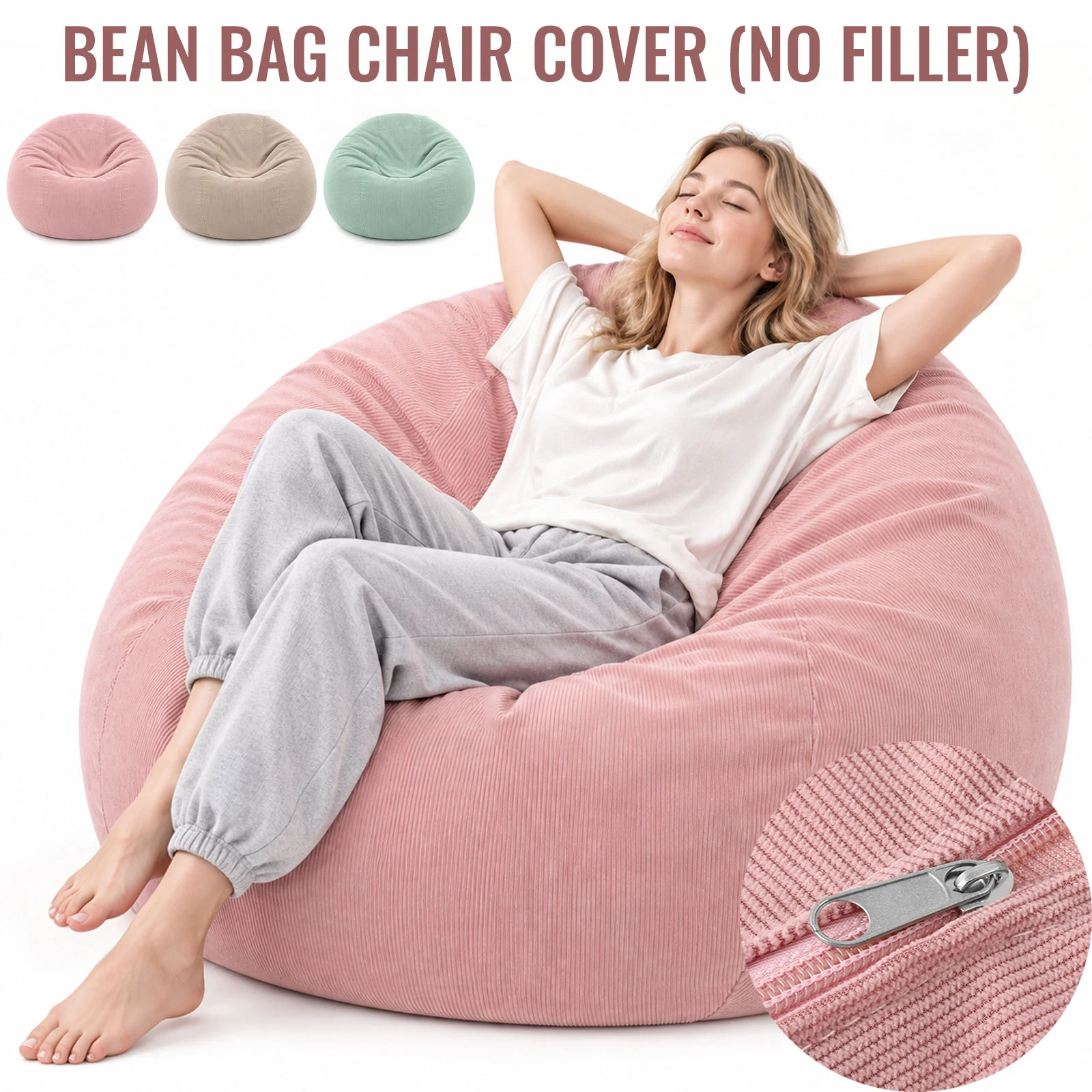 Corduroy Bean Bag Without Filler Lazy Floor Beanbag Breathable Washable Soft Puff Couch Cover Frameless Furniture（Only Cover）