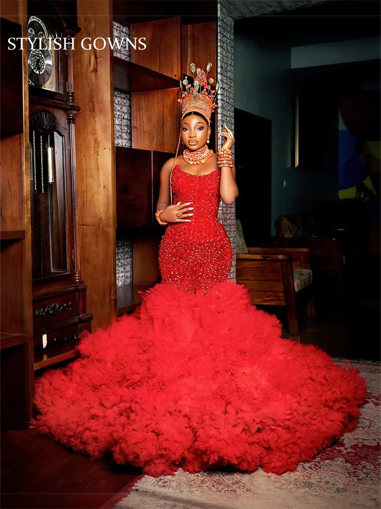 

New Design Sparkly Red Diamonds Evening Dress Puffy Bottom Beads Crystal Prom Party Dress Vestidos De Fiesta Customized