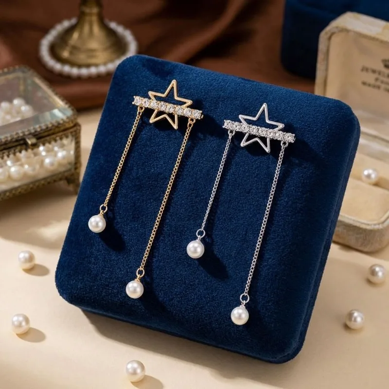 

Korean Gentle Style Hollow Star Double Chain Pearl Brooch, Luxury Diamond Tassel Brooch, Suit Coat Versatile Accessory