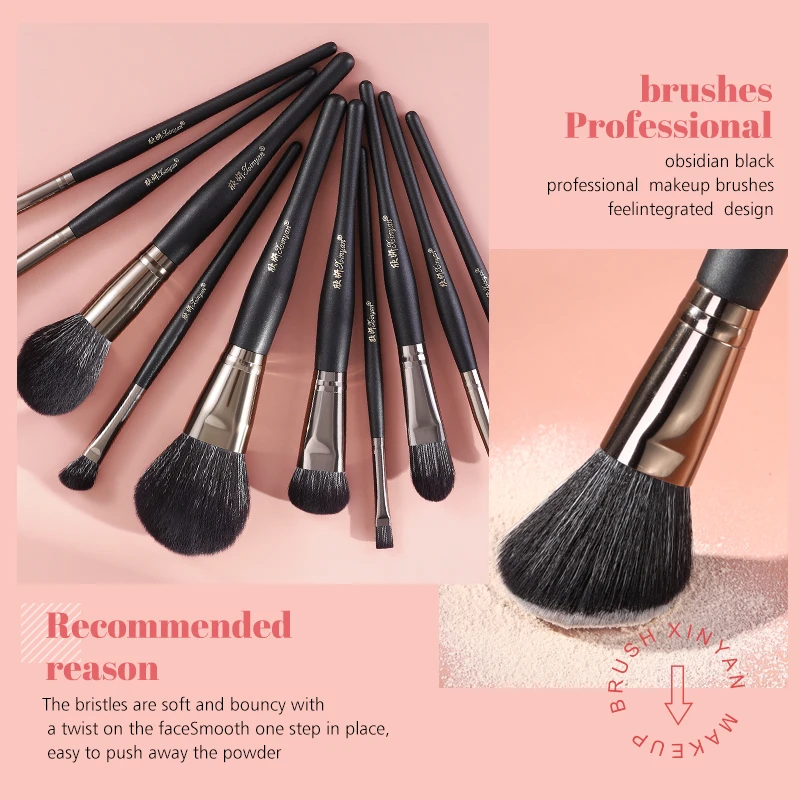 FJER Luxury Black Professional Makeup Brush Set Natural Hair Foundation Blending Blush Eyeliner Powder Brushes  Kit with bag