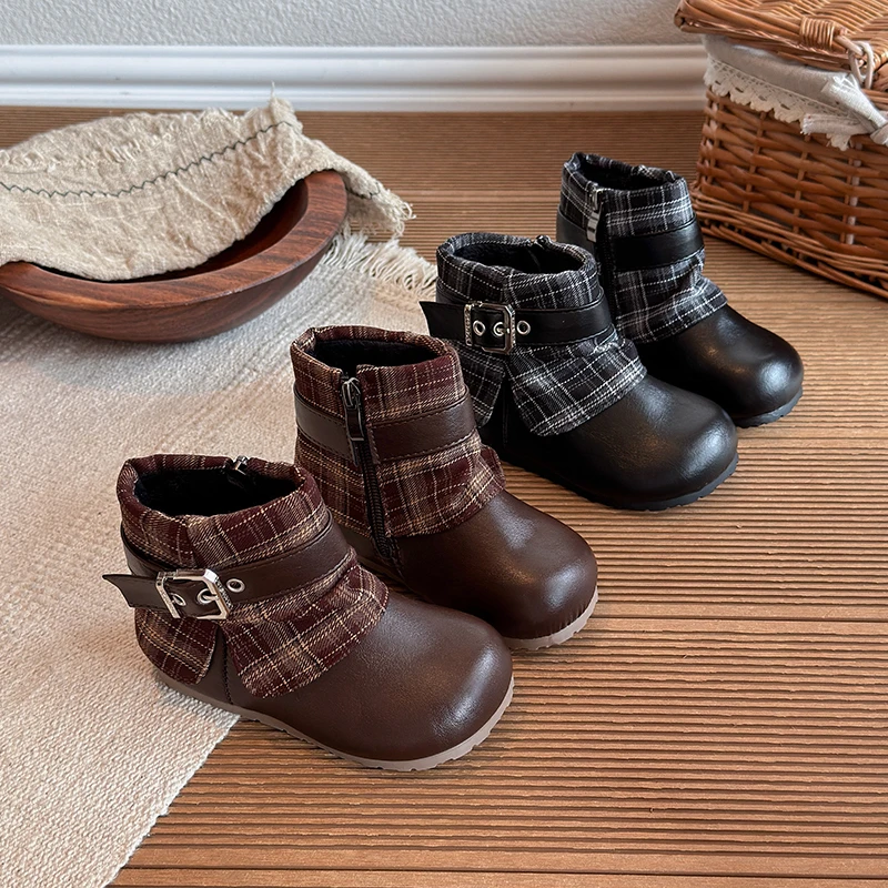 Toddler Kids Plaid Cuff Buckle Winter Ankle Boots PU Leather Side Zipper Fleece Lined Warm Boots