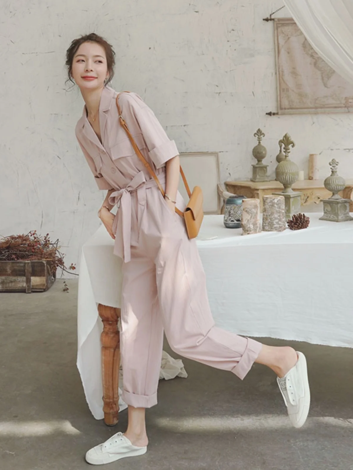 Pink One-Piece Suit Women's Summer New Sle Workwear Overall Outfit Small Size Slimming Age-Defng Versatile Jumpsuit Pants