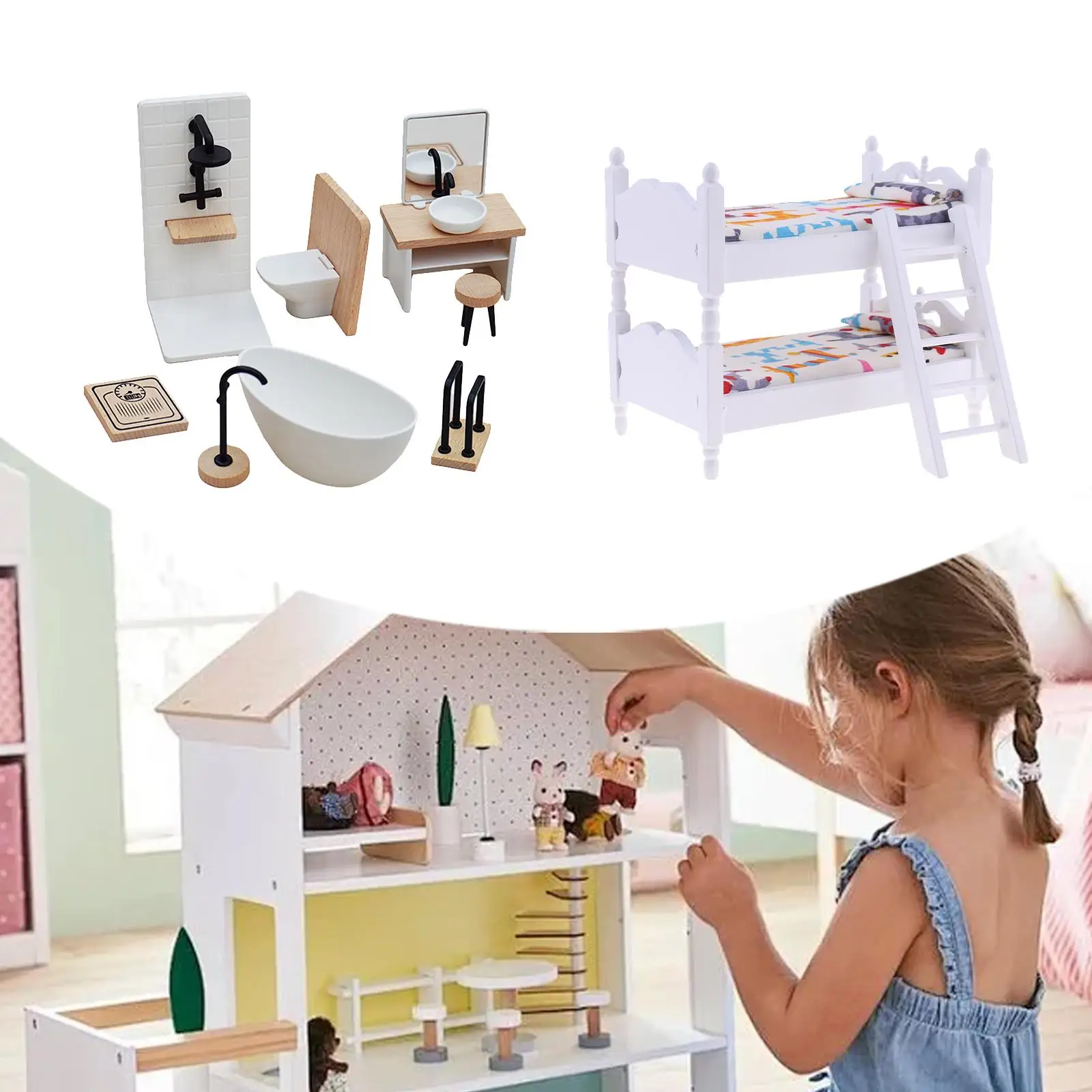 

1/12 кукольный домик, набор для ванной комнаты, мебель для спальни, двухъярусная кровать, мебель для кукольного домика