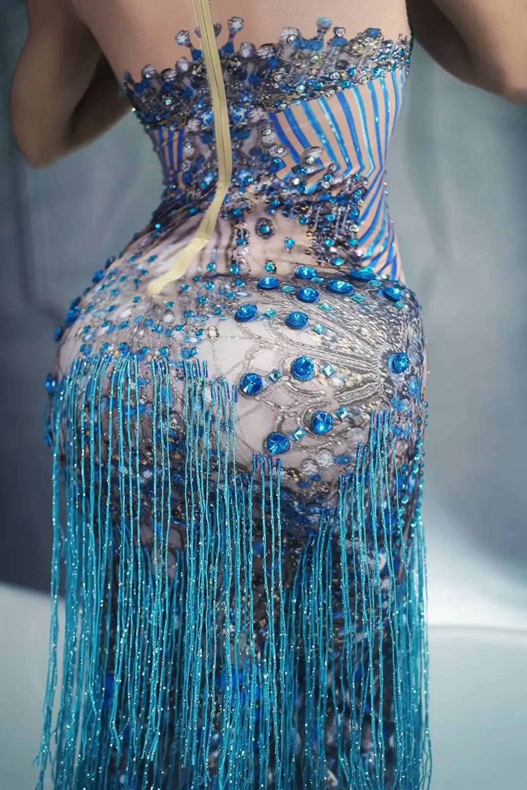 Vestido largo sin mangas, vestido de fiesta azul con cristales de imitación y diamante a la moda, sin mangas, borla, para club y actuaciones de cantantes de jazz o bailarinas de mujer