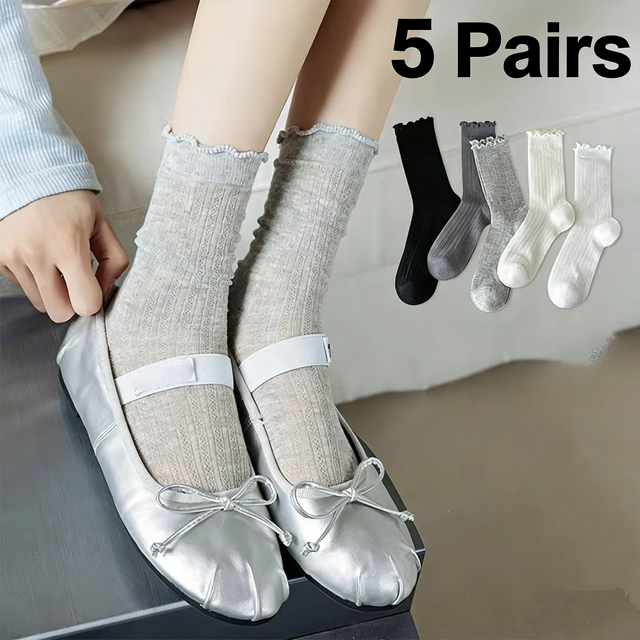5Pairs Women's Solid Color Hollow Mesh Mid-Calf Socks Trendy Ruffle Trim Light Sweet Summer Thin Socks for Daily Outfits & Beach