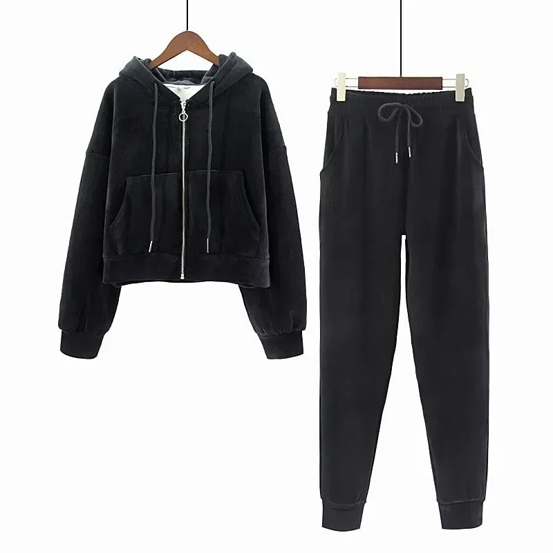 Women Velvet Tracksuit Zipper Hooded Sweatshirt and Sweatpants Solid Color 2 Piece Set Autumn Winter Warm Casual Female Suit