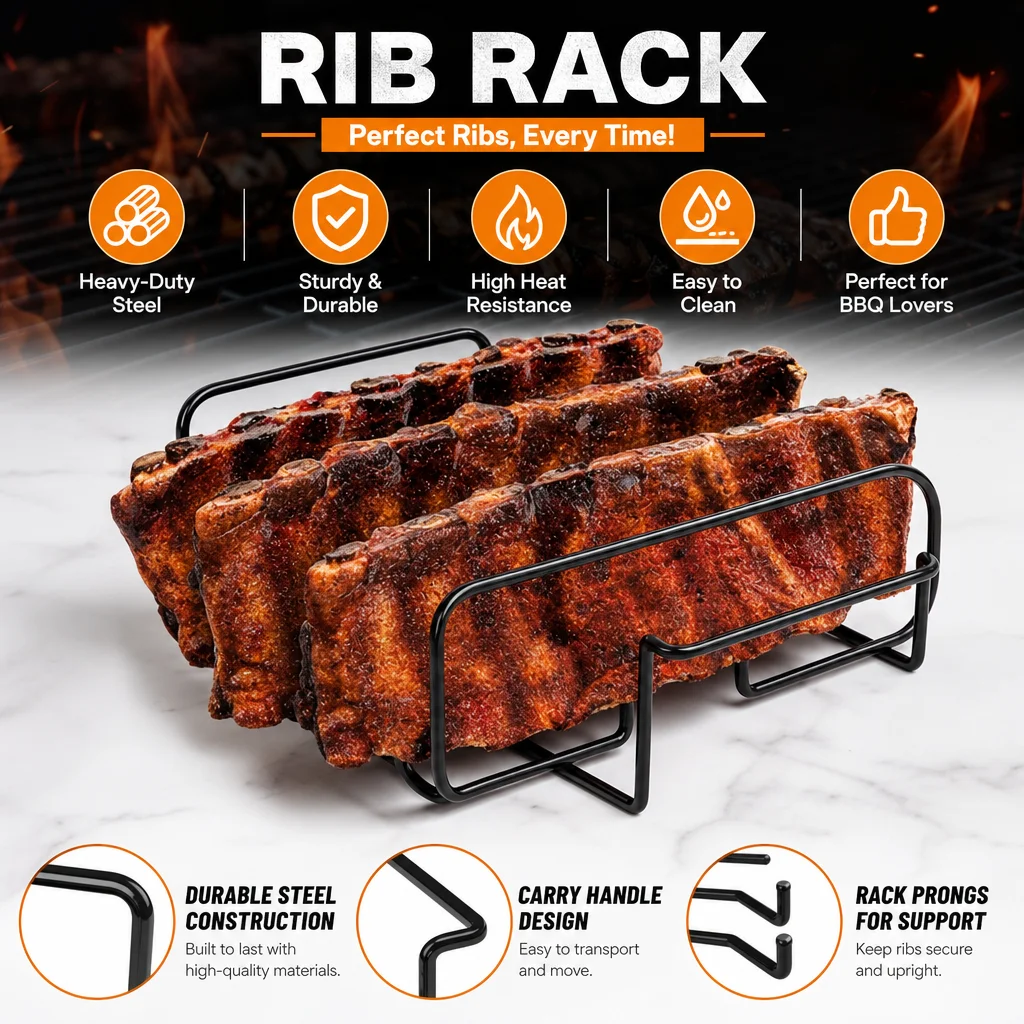 LMETJMA BBQ Rib Racks Non-Stick Coated Steel Roasting Barbecue Meat Roasting Grilling Stand Holds 4 Rib Rack For Gas Grill JT25t