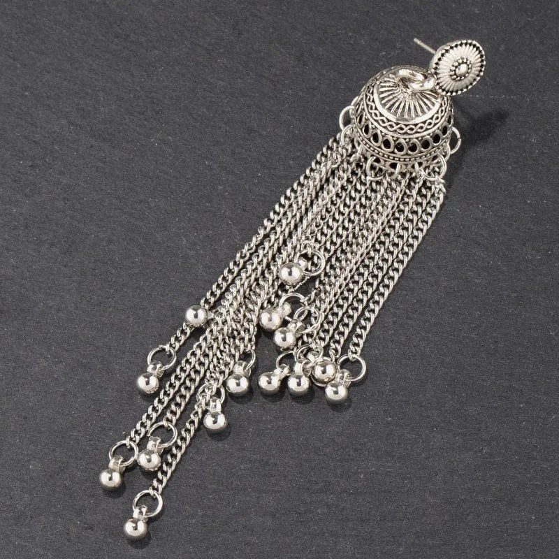 Classic Vintage Silver Color Gypsy Dangle Earrings Ethnic Women\'s Bohemian Bells Tassel Long Earrings Jhumka Indian Jewelry