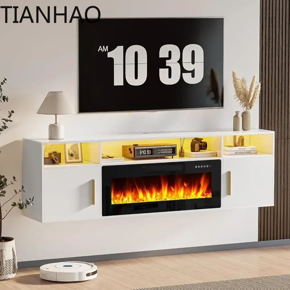 Fireplace TV Stand 70'' Wall Mounted Shelf, LED Light Entertainment Center and Storage, Wood Media TV Console