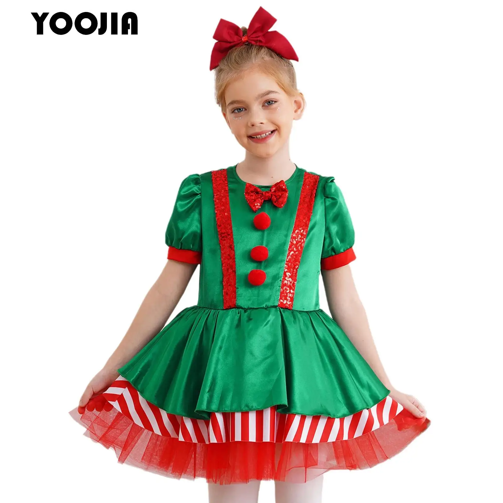 

Kids Girls Christmas Santa Claus Elf Cosplay Satin Tutu Dance Dress Candy Cane Striped Princess Dress Ballet Leotard Dancewear