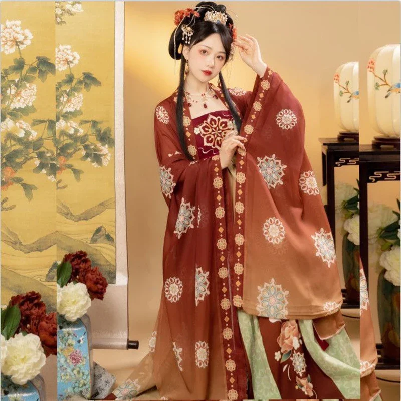 Vestido tradicional chinês de hanfu para mulheres, traje cosplay, carnaval, princesa, palco, verde e vermelho, vestido de dança, antigo, plus size