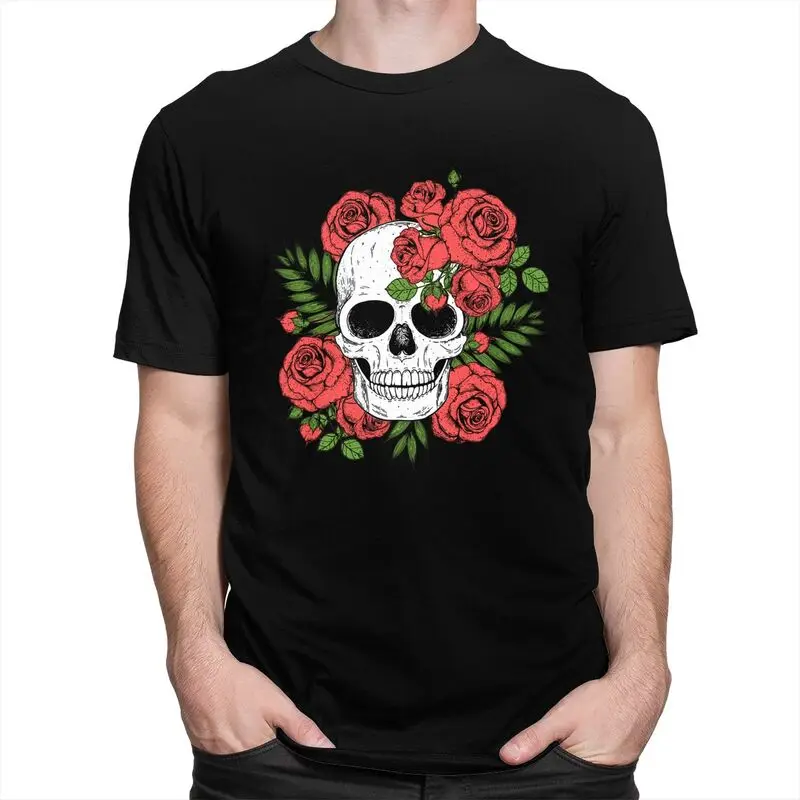 Custom Skull Roses Flowers T Shirts Men Short Sleeve T-shirts Streetwear Tee Tops 100% Cotton Slim Fit Tshirts Merch