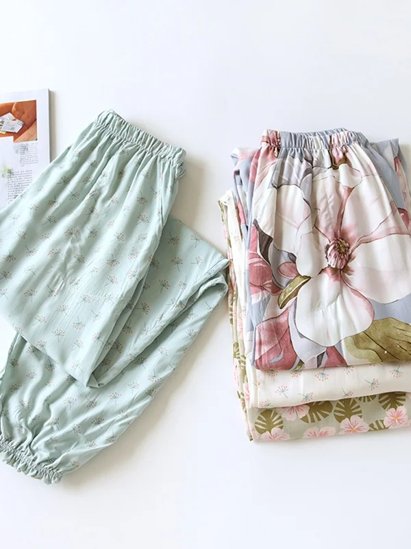 

Silk Smooth Cotton Women's Spwear Pants Loose Fit Home Leisure Long Trousers Mosquito Resistant Summer Print Outerwear