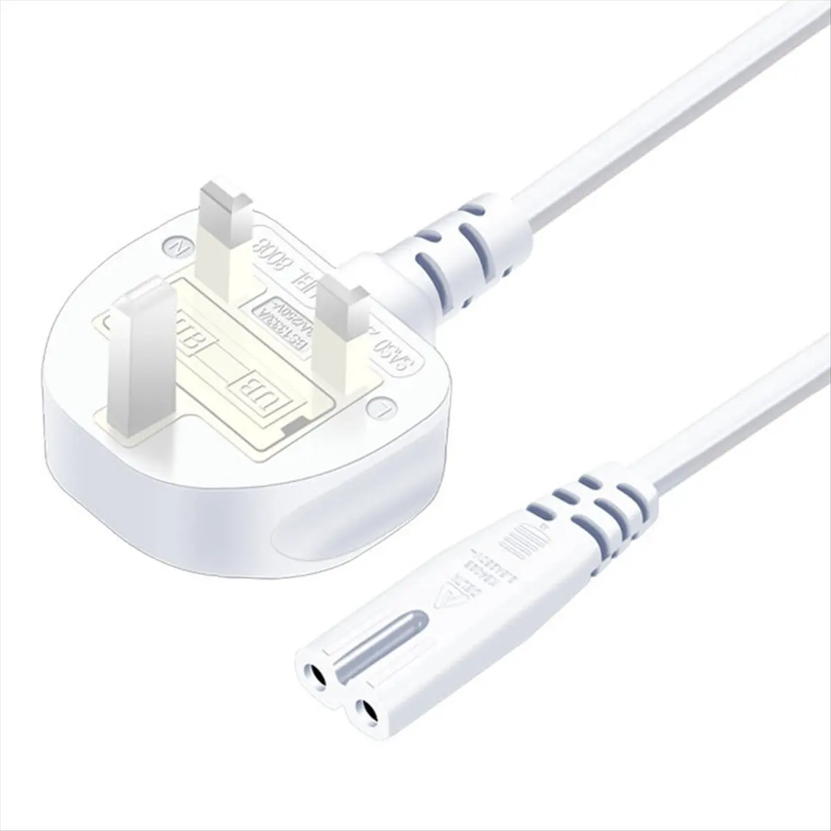 A46U UK Plug 2 Prong Connector Power Cable 2x0.75mm² Electrical Copper Wire 1.5m Charging Line for PC Laptop White