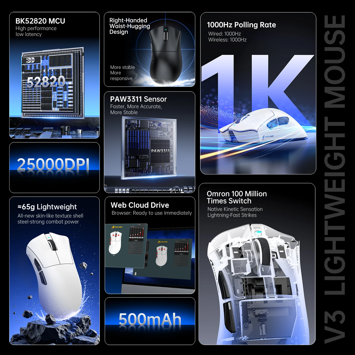 ATTACK SHARK, V3, Mouse, Tri-Mode, 2.4G, Wired, Gaming, RGB, Wireless